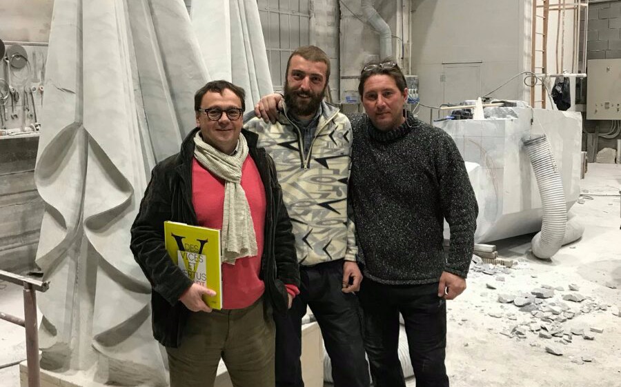 Allrus gallery team visits the workshop of Aidan Salakhova in Carrara.